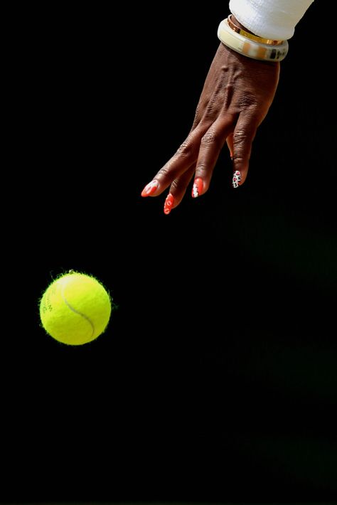 LONDON - The Championships Wimbledon ... Defending Champion & World #1 Serena Williams bounces the ball before serving up a 6-3, 6-2 win over Caroline Garcia in 67 mins. <3 Serena's Strawberry-colored Nail Art that looks like the comics #POW, Lightening Bolt, Animal Print. How's Nike #FuelBand liking that pic #TeamSerena ? Fuel Band, Caroline Garcia, Glam Slam, Tennis Balls, Serena Williams, Tennis Ball, Wimbledon, Nail Artist, Tennis