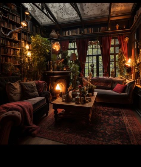 Cozycore Living Room, Dark Academia And Cottagecore Room, Dark Theme Living Room Ideas, Cabin Themed Office, Tracycore Aesthetic, Living Room Designs Cozy Vintage, Cozy Cottage Living Room English Country, Rustic Moody Living Room, Moody Cottagecore Living Room