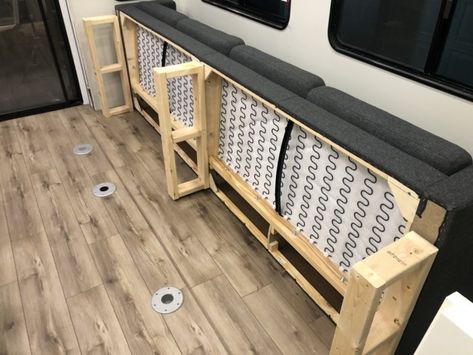 Toy Hauler/R.V. Makeover Sofa - Sawdust 2 Stitches Camper Flip, Toy Hauler Rv, Toy Hauler Trailers, Toy Hauler Camper, Bathroom Toys, Rv Interior Remodel, Small Travel Trailers, Camper Trailer Remodel, Bedroom Toys