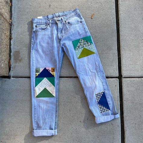 Amy Struckmeyer on Instagram: "Patchwork jeans. Flying geese. Made for my kid for his 19th birthday back in October. Unfortunately the jeans are a bit too small for him. Still, happy with how they turned out and I’d do it again. #patchworkclothing #upcycledclothing #quiltclothes" Quilt Patched Jeans, Quilted Jeans Patchwork, Diy Jean Patches Ideas, Diy Patched Jeans, Quilt Patch Jeans, Patchwork On Jeans, Sawing Idea, Patchwork Jeans Diy, Quilt Jeans