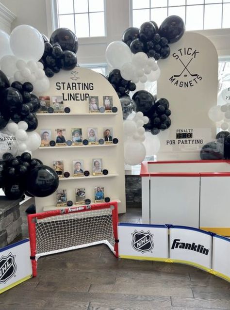 Road Hockey Birthday Party, Diy Hockey Decor, Hockey Party Ideas, Hockey Party Decorations, Hockey Birthday Party, Hockey Birthday Parties, Surprise 50th Birthday Party, Snack Display, Wild Hockey