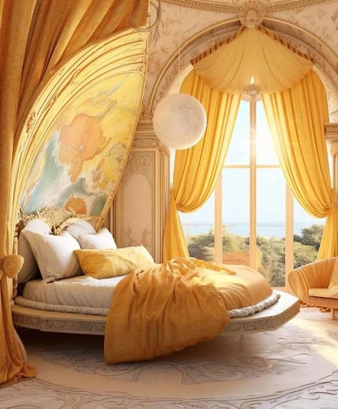 Sun Theme Bedroom, Neon Aesthetic Bedroom, Natalie Aesthetic, Manor Bedroom, Yellow Rooms, Fancy Bedroom, Beautiful Bedroom Designs, Bedroom Beds, Beds For Kids