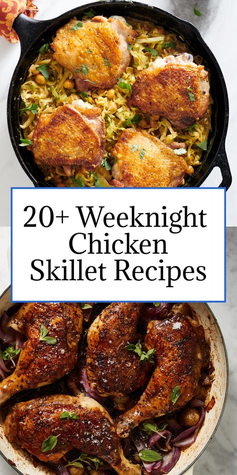 I am not sure which is more tried-and-true when it comes to weeknight cooking: a trusty skillet dinner or crowd-pleasing chicken. It really doesn’t matter, though, because if you bring the two together you have easy eating at its very best. #weeknightrecipes #easyrecipes #dinnerrecipes #chickenrecipes #chickenskillet #skilletrecipes #easydinners Cast Iron Skillet Recipes Chicken, Healthy Skillet Meals, Cast Iron Skillet Recipes Dinner, Easy Skillet Dinner, Easy Skillet Chicken, Weeknight Chicken, Skillet Dinner Recipes, Easy Skillet Meals, Meat Recipes For Dinner