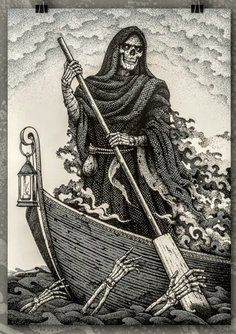 Reaper Illustration Vintage, Japanese Grim Reaper Tattoo, The Grim Reaper Tattoo, Charon The Ferryman Tattoo, Charon Tattoo, Reaper Sketch, Charon The Ferryman, Reaper Illustration, Traditional Tattoo Painting