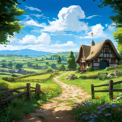 Disney Landscape Art, Disney Landscape Ideas, Countryside Concept Art, Disney Landscape Wallpapers, English Background Design Aesthetic, Environment Painting Ideas, English Countryside Landscape, English Countryside Painting, Farm Drawing Landscape