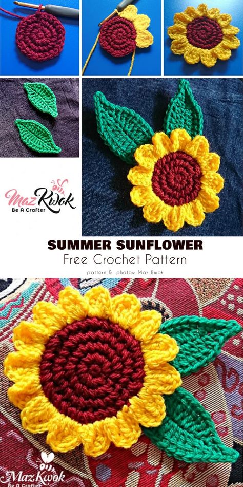 Sunflower for Ukraine Crochet Sunflower Leaves Free Pattern, Crochet Sunflower Leaves, Crochet Sunflowers, Yarn Creations, Crochet Coasters Free Pattern, Coaster Pattern, Crochet Flowers Easy, Winter Crochet, Jewelry Crochet