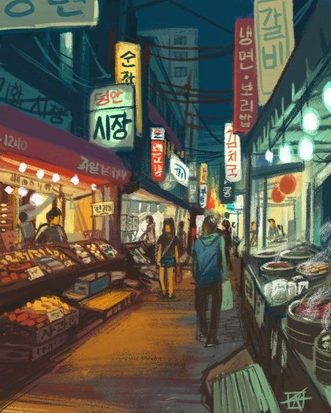 Market Scene Drawing In Perspective, Market Place Drawing, Night Market Illustration, Anime Market, Ap Designs, Night Scenes, Perspective Drawing Architecture, Poster Paint, Scene Drawing