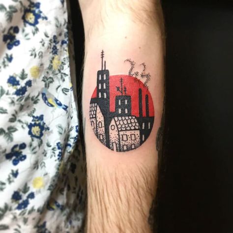 tatouage maisons et immeubles City Tattoo, Architecture Tattoo, Home Tattoo, Human Hand, Dark Mark, Ancient Architecture, Nice Design, A Tattoo, Stone Carving