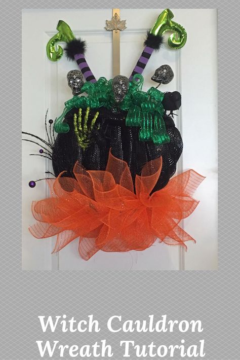 Cauldron Wreath, Diy Halloween Witch, Halloween Witch Cauldron, Mesh Crafts, Wreath Making Tutorials, Deco Mesh Crafts, Witch Cauldron, Deco Mesh Wreaths Diy, Witch Wreath