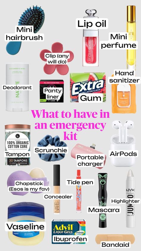 Emergency kit essentials #preppy #emergancykit #school #backtoscool Emergency Kit Essentials, Schul Survival Kits, Middle School Essentials, School Emergency Kit, School Backpack Essentials, Middle School Survival, Preppy School Supplies, Pretty School Supplies, School Survival Kits