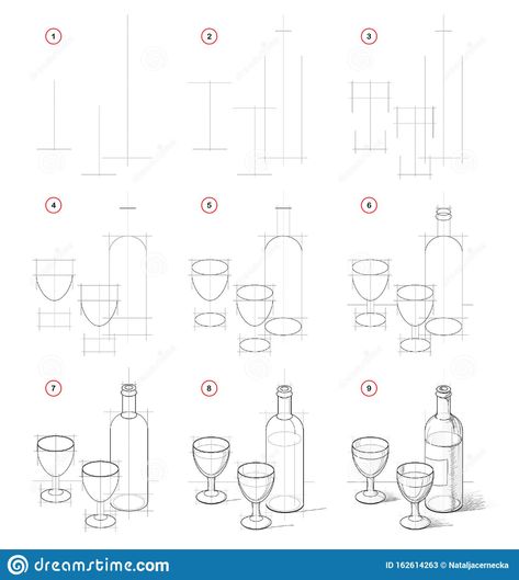 How To Draw Still Life With Bottle Of Vine And Glasses. Creation Step By Step Pencil Drawing. Educational Page For Artists. Stock Vector - Illustration of draw, learn: 162614263 Vase Drawing Step By Step, How To Draw Bottles, Still Life Step By Step Drawing, How To Draw A Bottle Step By Step, How To Draw Vase, Easy Still Life Drawing Step By Step, How To Draw Still Life, Still Lives Drawing, How To Draw Objects