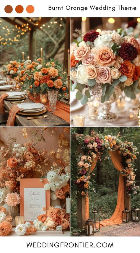 Burnt orange wedding colors for an earthy, autumn-inspired look. Rusted Wedding Ideas, Dark Teal Orange Wedding, Olive And Burnt Orange Wedding, Burnt Peach Wedding, Color Palette For Summer Wedding, Fall Wedding Light Colors, Olive Green And Burnt Orange Wedding Theme, Fall Forest Wedding Colors, Burnt Orange And Peach Wedding