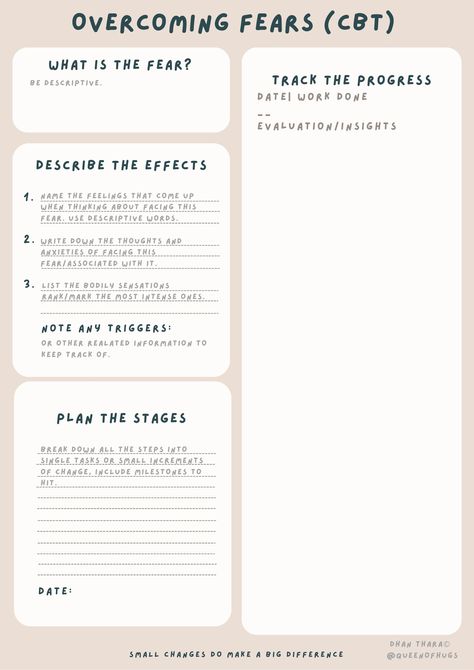 PNG Title:Overcoming Fears (CBT)Box 1 What is the fear Box 2 Describe the effects1.Name the feelings that come up when thinking about facing this fear. 2.Write down the thoughts and anxieties. 3.List the Bodily sensations, Note any triggers: BOX 3 Plan the stages (Break down all the steps into single tasks) Box 4 Track the progress. Footer: Small changes do make a big difference.Dhan Thara©@QueenOfHugs. White beige  background with black & grey letters rounded corners. Font:lazydog 10-17 sizes. Cbt Therapy Worksheets, Private Practice Therapy, Counselling Tools, What Is Fear, Cbt Therapy, Cbt Worksheets, Facing Fear, Dbt Skills, Health Psychology