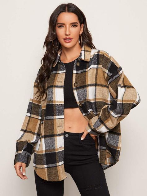 Checkered Shirt Outfit, Dip Hem Blouse, Plaid Print Shirt, Plus Size Winter Outfits, Plaid Shirt Women, Casual Shirt Women, Plaid Coat, Plaid Blouse, Long Sleeves Coats