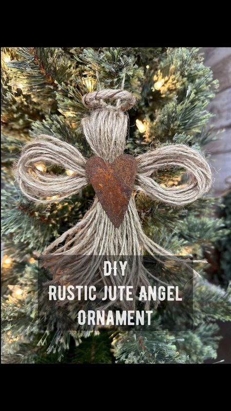 Burlap Angels Diy, Twine Angel Ornaments, Jute Ornaments Diy, Macrame Angel Ornament Tutorial, Jute Christmas Trees Diy, Burlap Ornaments Diy, Diy Country Christmas Decor, Angel Christmas Ornaments Diy, Twine Angels