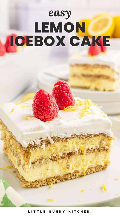 Make this simple, no-bake graham cracker icebox cake layered with creamy lemon pudding and fresh raspberries. Graham Cracker Dessert, Lemon Icebox Cake, Lemon Whipped Cream, Cracker Dessert, Icebox Desserts, Icebox Cake Recipes, Recipe For Summer, Dessert Oreo, Lemon Dessert Recipes