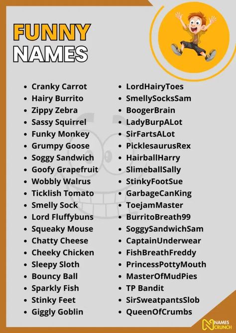 750+ Funny Names You Won't Find Anywhere Else - Names Crunch Silly Contact Names, Funny Names For Boys, Insulting Names To Call People Funny, Insulting Names To Call People, Funny Display Names, Funny Insulting Names, Funny Gc Names, Funny Kahoot Names, Cute Funny Names