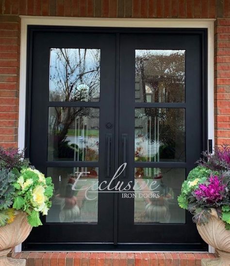 French Door Exterior Entrance, Double Iron Doors Entrance Front Entry, French Country Front Door Ideas, Black Double Doors Entrance, Modern Double Doors Entrance, Transitional Front Door, Transitional Entryway Ideas, Double Glass Entry Doors, Full Glass Front Door