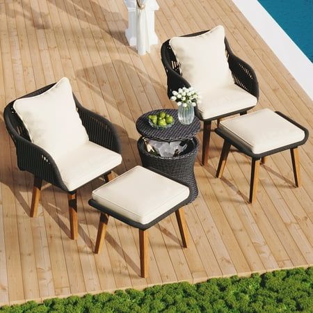 Patio Chairs Set of 5, Outdoor Lounge Chair with Thickened Cushions, Porch Poolside Bistro Bar Set with Cooler Bar Table & Ottomans Patio Sets For Small Spaces, Small Outdoor Furniture, Cooler Bar, Poolside Chairs, Luxury Armchair, Balcony Lounge, Modern Patio Design, Outdoor Wicker Patio Furniture, Rattan Patio Furniture