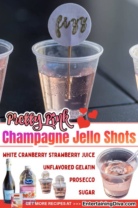 This pink champagne jello shots recipe is flavored with white cranberry strawberry juice which tastes great with sparkling wine. It's perfect for a New Year's Eve party, Valentine's Day or even a wedding. #entertainingdiva #jelloshots #champagne #cocktails #partyideas Bachelorette Party Jello Shots, Champagne Jello Shots Recipe, Blue Hawaiian Jello Shots, Pina Colada Jello Shots, Champagne Jello, Champagne Jelly, Best Jello Shots, Champagne Jello Shots, Jello Shots Recipe