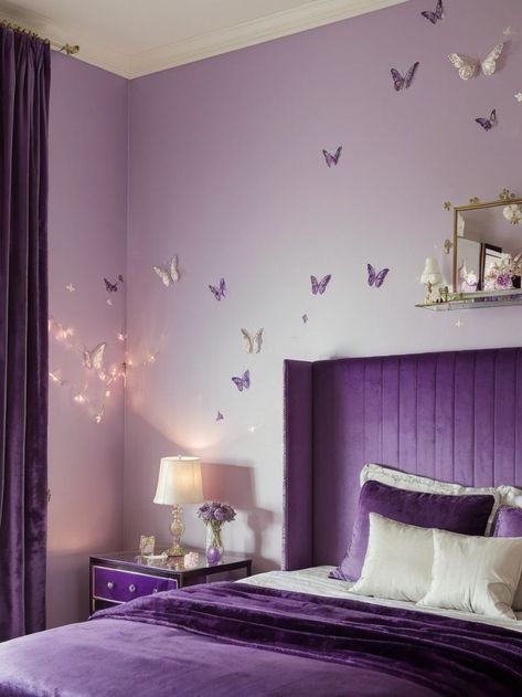 Purple Butterfly Bedroom, Purple Butterfly Room, Purple Wall Bedroom, Light Purple Bedroom, Purple Room Design, Lilac Room, Purple Girls Bedroom, Lavender Bedroom, Purple Bedroom Decor