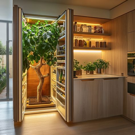 The Pantree is a revolutionary tech-enabled pantry that merges nature and innovation. Inside, a living tree grows, nourished by a smart ecosystem that recycles food waste into nutrient-rich soil. This self-sustaining pantry not only stores your kitchen essentials but also purifies the air, offering a seamless blend of modern convenience and organic beauty right in your home. Conceptual AI Art Follow @ecosapiens for more! Self Sustaining, Growing Tree, Ecosystem, Food Waste, Organic Beauty, Kitchen Essentials, Pantry, Soil, Design Ideas