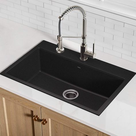 Kraus KGD-54BLACK Forteza Granite Kithen Sink, 33 Inch, Black - - Amazon.com Single Sink Kitchen, Single Basin Kitchen Sink, Modern Kitchen Sinks, Kitchen Design With Island, Granite Kitchen Sinks, Kitchen Tiles Design, Kitchen Design Color, Sink Grid, Natural Granite