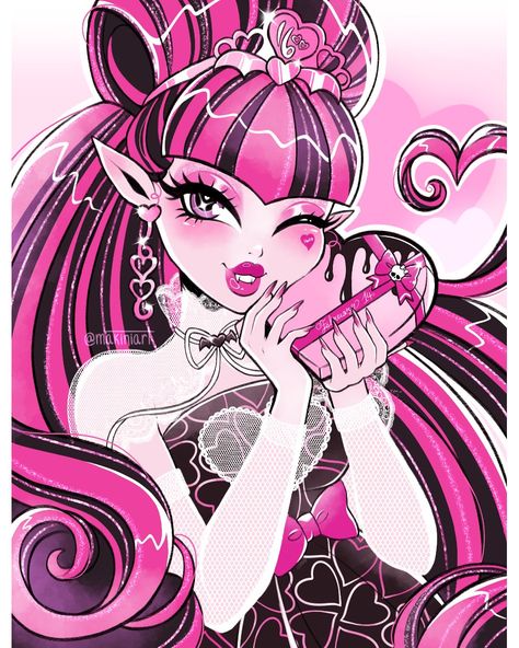 Draculaura from monster high dressed in her 1600 dress, long and sparkly pink and black hair, holding a pink heart shaped box of chocolates that reads "February 14" Pink Vampire, Have Fun Today, Arte Monster High, Monster High Pictures, Moster High, Catty Noir, Anime Drawing Books, Monster High Art, Monster High Characters