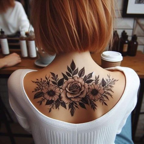 Floral Back Tattoo Women Cover Up, Back Of Neck Tattoos For Women Cover Up, Back Cover Up Tattoos For Women Upper, Upper Back Tattoo Women, Back Of Neck Tattoos For Women, Upper Back Tattoo, Book Lover Tattoo, Fingerprint Tattoos, Cover Up Tattoos For Women