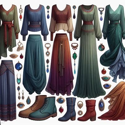 An sumerian inspired capsule wardrobe including blouses with shoulder emphasis, flowy bootcut pants, mermaid skirts, and draped dresses in deep and cool greens, blues, purples, and reds. materials include silk, velvet, and cashmere. boots and jewelry - Image Creator from Microsoft Designer Mermaid Skirts, 1940s Fashion Women, Army Dress, Travel Capsule, Travel Capsule Wardrobe, Dress Design Sketches, Fantasy Gowns, Bootcut Pants, Fantasy Dress