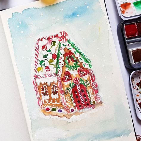 #Repost @jolypoa ・・・ Gingerbread house😍😍😍 . Pain Gingerbread Watercolor Painting, Watercolor Gingerbread House, Watercolor Gingerbread, Prima Watercolor, Watercolour Christmas, Art Philosophy, Paint Inspiration, Liquid Watercolor, Shimmer Lights