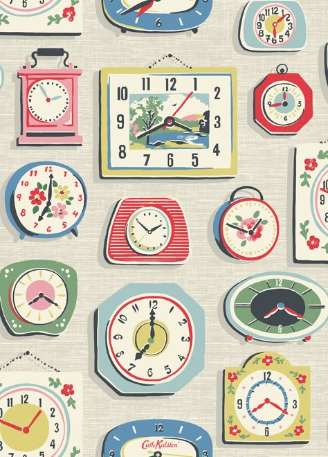 oikeat kellot ryhmänä Novelty Clocks, Cotton Canvas Fabric, Images Vintage, Cath Kidston, Novelty Print, Vintage Wallpaper, Surface Pattern Design, Surface Pattern, Pattern Wallpaper