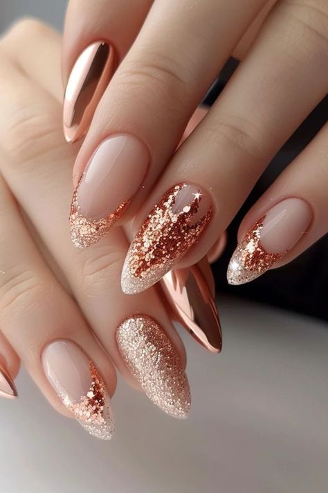 Pretty Nails For Wedding Guest, Rose Gold Almond Nails Sparkle, Simple Pink And Gold Nails, Neutral Nails With Gems, Gel Nail Designs For Wedding, Simple Wedding Guest Nails, Rose Gold Wedding Nails, Rose Gold French Tip, Gold Sparkle Nails