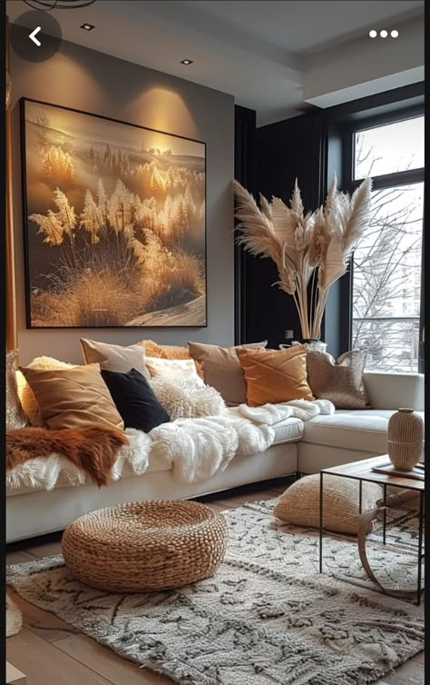 Brown And Gold Living Room Decor, Brown Living Room Ideas, Gold Living Room, Apartment Living Room Design, Flat Ideas, Brown Living Room, Living Room Decor Cozy, Apartment Decor Inspiration, Decor Home Living Room