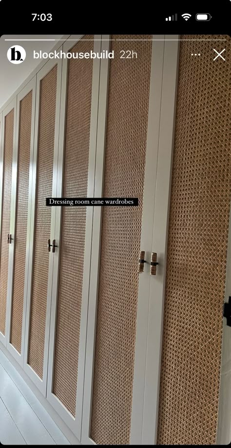 Wicker Cloest Door, Rattan Closet Doors French, Rattan Cloest Doors, Raffia Wardrobe Doors, Rattan Built In Wardrobe, Rattan Cane Wardrobe, Cane Wardrobe, Foyer Ideas, Bungalow Homes