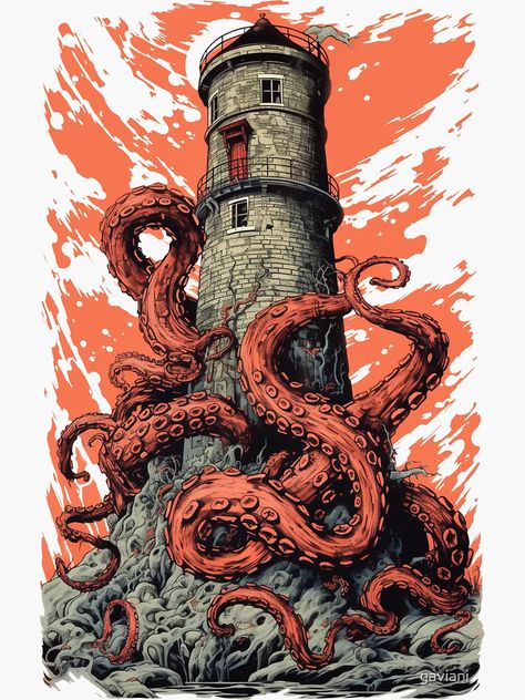 "lighthouse vintage paint - retro octopus" Sticker for Sale by gaviani | Redbubble Octopus Pictures, Octopus Skull, Octopus Sticker, Octopus Illustration, Octopus Painting, Octopus Tattoo Design, Vintage Octopus, Lighthouse Tattoo, Cool Shirt Designs