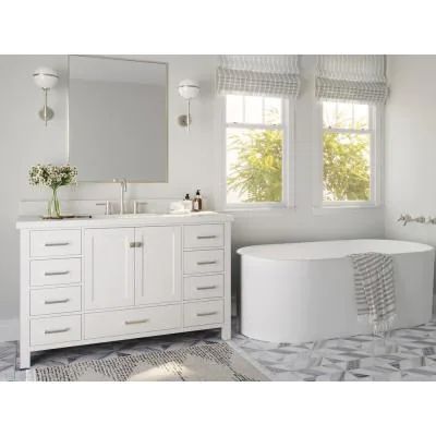 Cambridge 55 in. W x 22 in. D x 35 in. H Bath Vanity in White with Quartz Vanity Top in White with White Basin Bathroom Vanity Double Sink, Quartz Vanity, Countertop Backsplash, Quartz Vanity Tops, Grey Bathroom Vanity, Gray Vanity, Shaker Style Doors, Single Sink Bathroom, Contemporary Bathroom Vanity