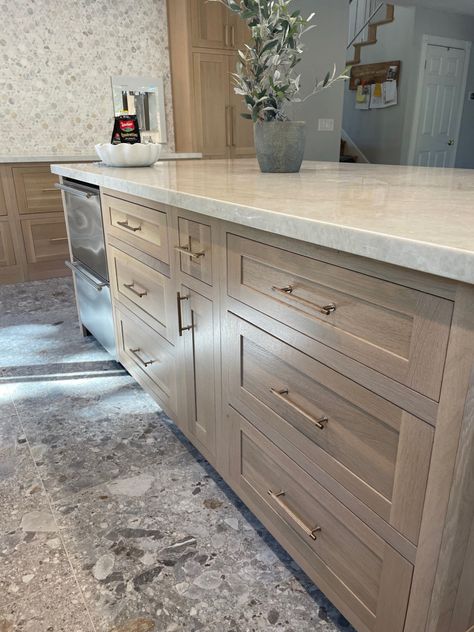 French Oak Cabinets Kitchen, Kabinart Cabinets Kitchens, Pickled White Oak Kitchen Cabinets, White Wash White Oak Cabinets, Light Stained Maple Cabinets, Light Stain Colors For Kitchen Cabinets, White Washed Oak Cabinets Kitchens, Tan Washed Cabinets, Weathered Oak Cabinets Kitchens