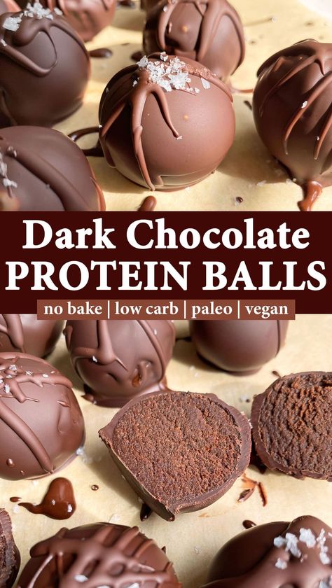 These dark chocolate protein balls are made with pea protein, cocoa powder and sunbutter. They're the best nut free chocolate protein balls - soft on the inside with a hard chocolate shell. Paleo, Vegan and low in sugar! #chocolateproteinballs #proteinballrecipe #lowcarb #sunbutter #peaprotein Sunbutter Protein Balls, Protein Balls With Protein Powder, Protein Balls No Bake, Date Protein Balls, Paleo Protein Balls, Hard Chocolate Shell, Chocolate Protein Balls, Protein Truffles, Healthy Dark Chocolate