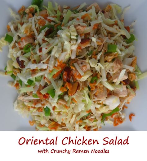 This oriental chicken salad is by far our favorite meal-sized salad. I can never eat just one little ole serving. It’s addictingly good. The dressing is just the right combination of acid and sweet. Instead of croutons there are crunchy yummy tried Ramen noodles. They make for the perfect topping over the just-as-crunchy cabbage. Chicken Salad With Cabbage, Cabbage Ramen, Salad With Cabbage, Salad Cabbage, Top Ramen, Chinese Chicken Salad, Cabbage Salad, Ramen Noodles, Croutons