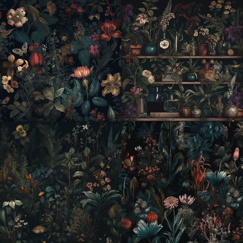 Dark Botanicals Wallpaper florals Dark Eclectic Wallpaper, Floral Witchy Wallpaper, Dark Wallpaper For Walls Interiors, Dark Botanical Removable Wallpaper, Deep Floral Wallpaper, Dark Botanical Old World Aesthetic, Dark Moody Botanical Wallpaper, Dark Maximalist Wallpaper, Moody Eclectic Wallpaper