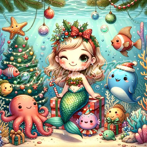 Christmas Mermaid Illustration, Winter Mermaid, Mermaid Christmas Tree, Christmas Mermaid, Decorate A Christmas Tree, Mermaid Artwork, Mermaid Illustration, Mermaid Christmas, Undersea World