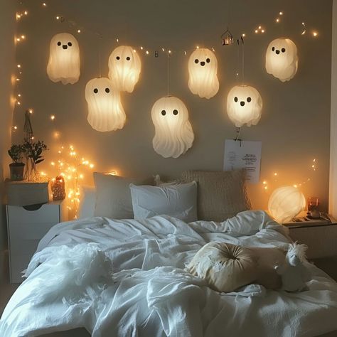 Shaped like ghosts, these Halloween lanterns offer a spooky glow perfect for easy décor. Hanging them transforms any room into a cozy, chilling space effortlessly. Halloween Bedroom, Halloween Lanterns, Bedroom Decorations, Halloween Ghost, Simple Decor, Halloween Ghosts, Halloween Ideas, Lanterns, Ghost