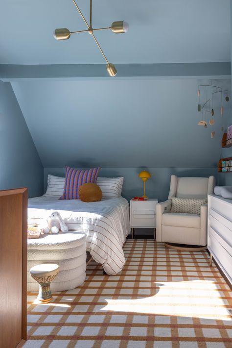 A Playful & Bold San Francisco Craftsman - The Interior Collective Blue Painted Trim, Hawaii Interior Design, Cozy Attic Bedroom, Room Attic, Blue Kids Room, Nursery Paint Colors, Mid Century Buffet, Dark Accent Walls, San Francisco Interiors