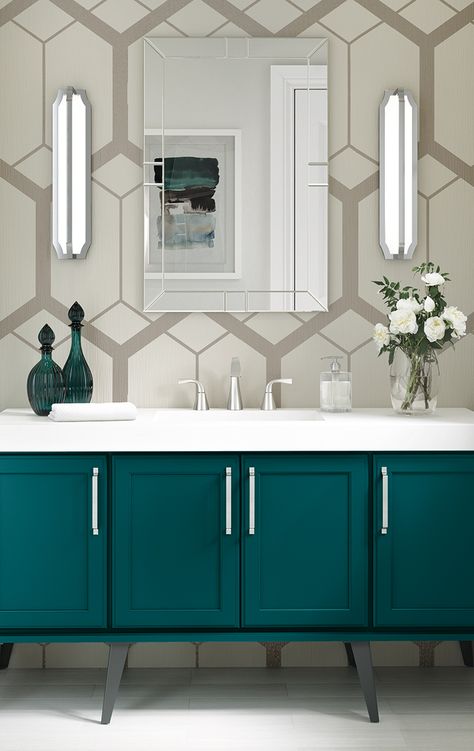 Ready for a bathroom remodel?  Clean lines, bold colors and glamorous accents make for a trendy yet timeless space! Teal Bathroom Cabinets Vanities, Bold Bathroom Vanity Color, Bold Bathroom Vanity, Turquoise Bathroom Vanity, Bold Vanity Colors, Bathroom Teal Vanity, Teal Bathroom Cabinets, Bold Color Bathroom, Turquoise Vanity Bathroom