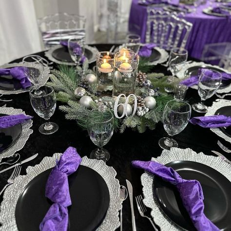 Black, Silver, and Purple never fail to make a perfect color combination to bring out the elegance of any event. 💎 @_kreationsbymonet created an exquisite masterpiece. 👌⁣ Thank you for sharing your creation!⁠ ⁠⁠⁠✨⁠ ⁠ Use #cvlinens or tag us in your event posts for a chance to be featured!⁠ #adultbirthday #adultbirthdayparty #tablescape #tablescapestyling #tablescapedesign #eventplanner #partyplanner #eventdecor #luxury #eventstyling #eventstylist #chargerplates #centerpieceideas #60thbirthd... Black Silver And Purple Party, Purple And Silver Wedding, Black Tablecloth, Simple Wedding Decorations, Wedding Decorations On A Budget, Special Events Decor, 2024 Ideas, 90's Birthday Party, Wedding Event Decor