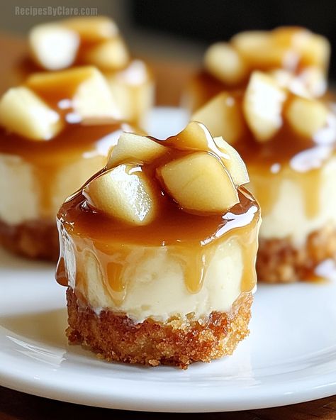 Mini Caramel Apple Cheesecakes - Perfect Fall Dessert! - Recipes By Clare Mini Caramel Apple Cheesecakes, Caramel Apple Appetizer, Mini Desserts Thanksgiving, Apple Cheesecake Cupcakes, Mini Carmel Apples, Easy Apple Cheesecake, Carmel Apple Cheesecake Bars, Mini Apple Cheesecake, Carmel Cheesecake