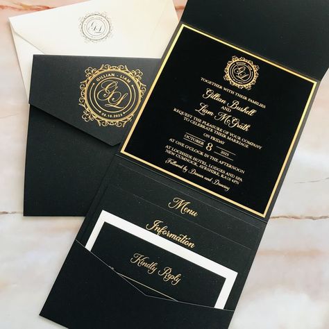 Logo and mix of fonts is cool Black Velvet Wedding, Velvet Wedding Invitations, Velvet Invitation, Black And Gold Invitations, Pocket Fold Wedding Invitations, Gold Foil Logo, Velvet Wedding, Black And White Wedding Invitations, Gold Envelopes