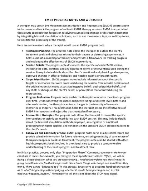 This form is used to document the progress of a client’s EMDR therapy sessions. EMDR is a specialized therapeutic approach that focuses on resolving traumatic experiences or distressing memories by integrating bilateral stimulation techniques, such as eye movements, taps, or auditory tones, to facilitate the processing of the trauma. This worksheet explains to clients the reasons for using EMDR and helps them record data for the EMDR process. (0623, EMDR, trauma, PTSD) 4 Pages. Emdr Worksheets, Bilateral Stimulation, Social Work Interventions, Emdr Training, Therapy Questions, Somatic Therapy, Therapy Humor, Emdr Therapy, Therapy Worksheets