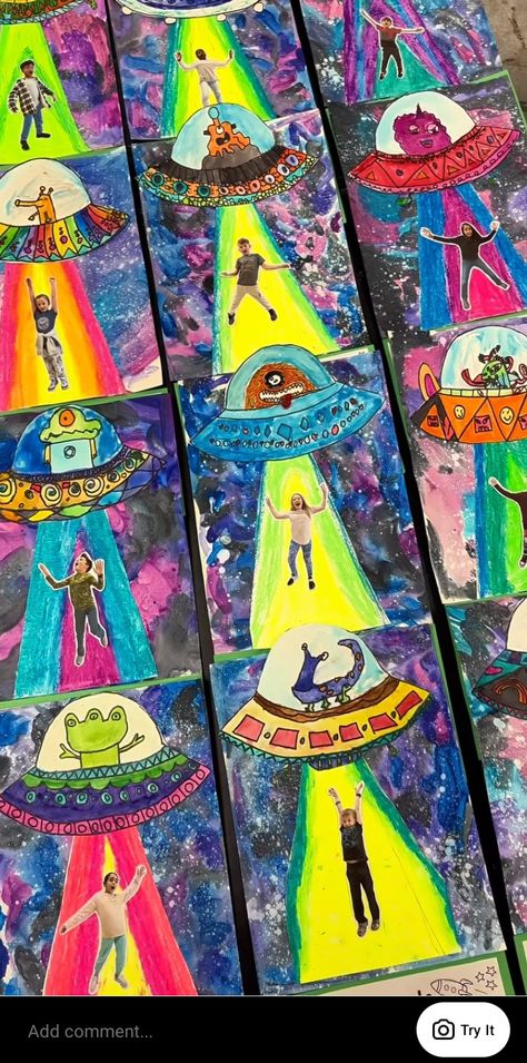 Art Grade 5/6, Year 5 Art Ideas, Space Art Elementary, Space Preschool Art, 1st And 2nd Grade Art Projects, Alien Art For Kids, Whole School Art Project, Grade 2 Art Projects, Art Club Ideas High School